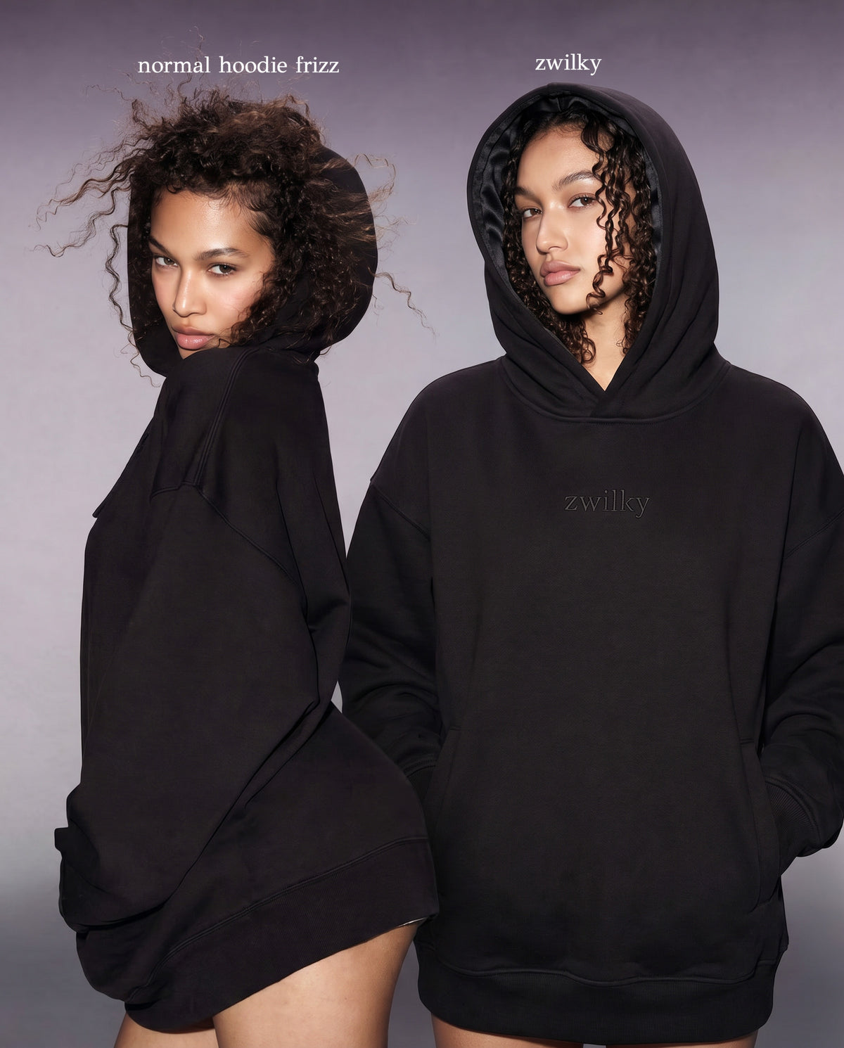Woman with styled hair pulling on a hoodie in everyday life